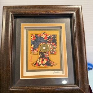 Framed Japanese Kimono Art with Floral Design and Japanese coin
